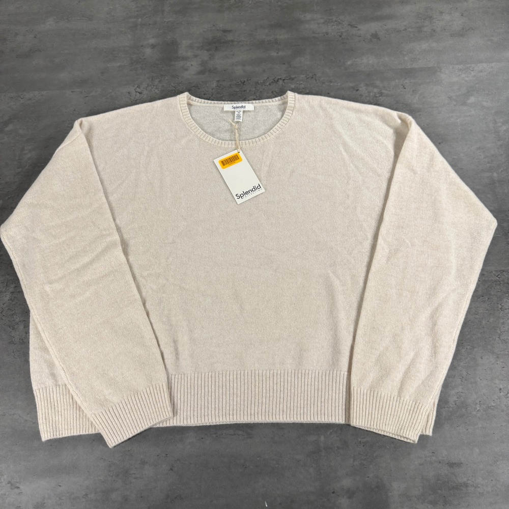Splendid Cashmere Sweater Womens XL Cream Crewneck Long Sleeve $198 Quiet Luxury